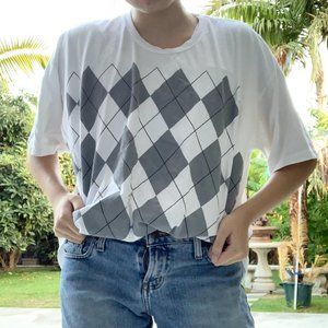 Vintage Argyle Print White Grey Tee Shirt